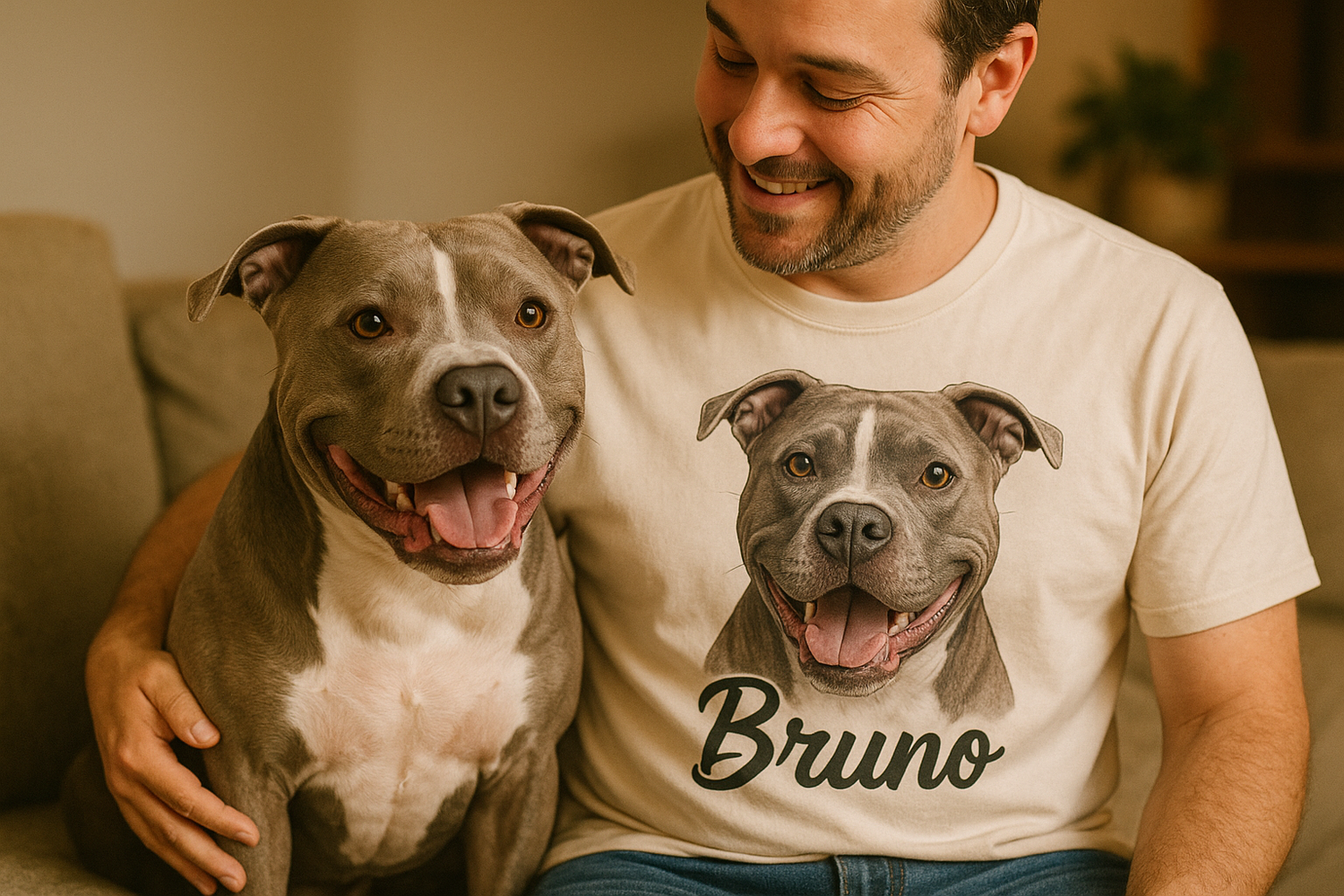 hình ảnh chú chó pitbull đáng yêu và người chủ đang mặc áo POD cá nhân hóa: hình ảnh của chú chó, bên dưới có tên Bruno